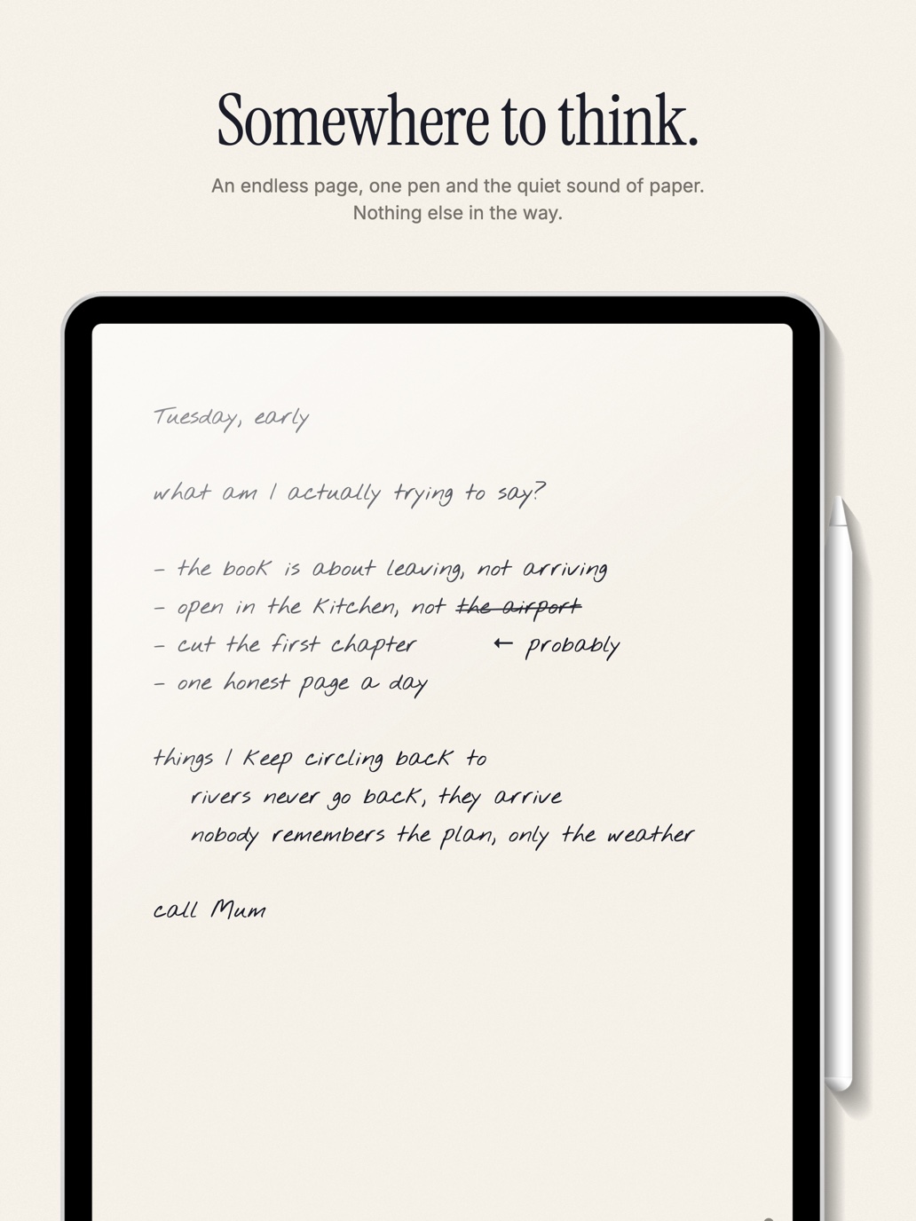 Somewhere to think — a handwritten page in Skryf