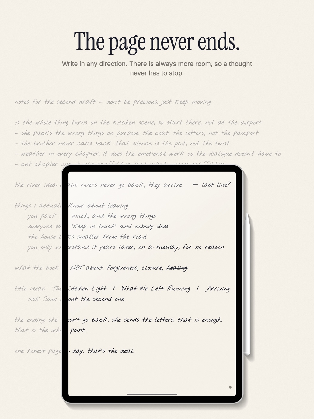 The page never ends — handwriting that runs past the iPad's edges